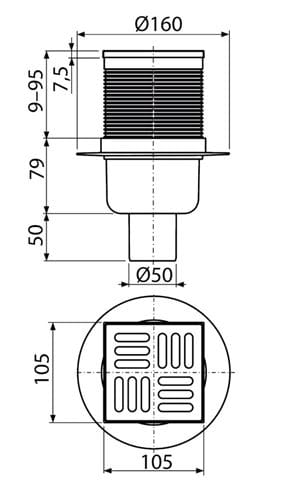 CONCEPT podlahový vpust 50 mm, zvislý odtok, nerez PT100PV2 Technický nákres